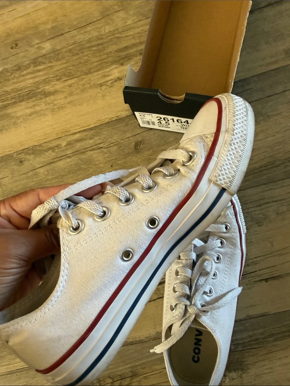 Converse Low Top Canvas Sneakers in White with Red & Blue Trim - Picture 4 of 8